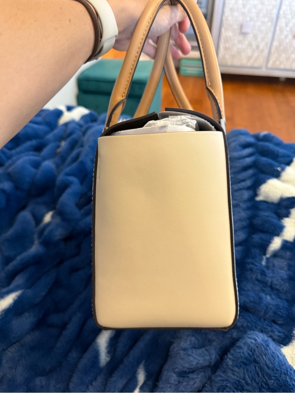 Michael Kors Collection Blue Leather Satchel with Tan Accents - Picture 5 of 13